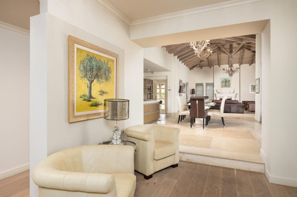 Open-plan living room with sofas, dining area, kitchen, ornamental fireplace, A/C, WiFi internet, and satellite TV