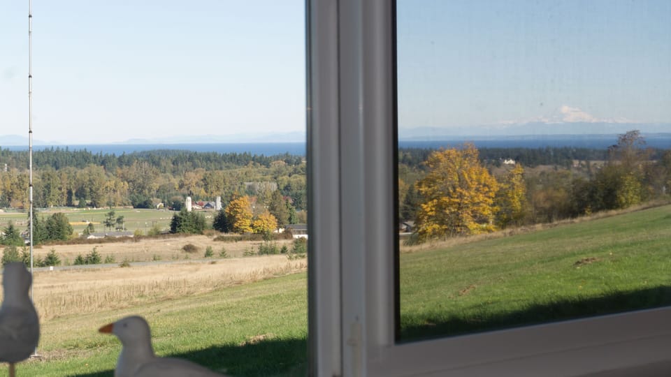 Bedroom 1 has this view of the Strait of Juan de Fuca and Mount Baker.