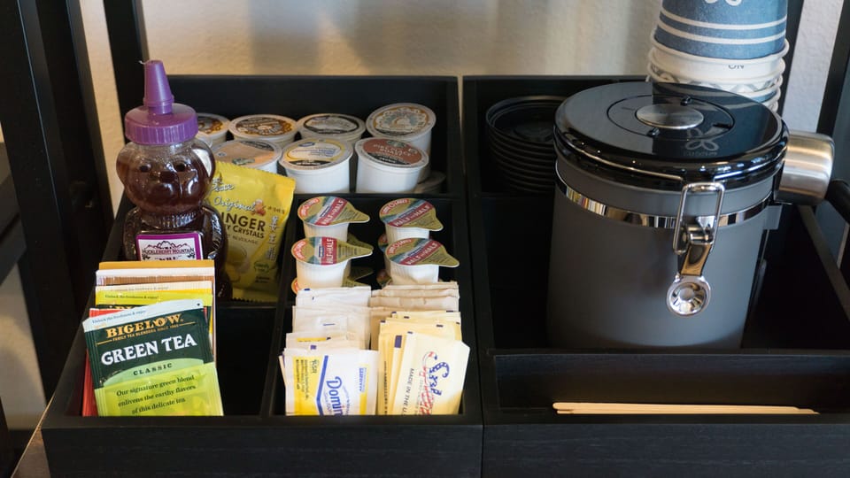 Kitchenette has coffee, k-cups and tea assortments.