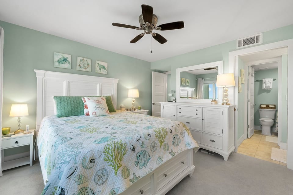 With a queen bed and a private bathroom