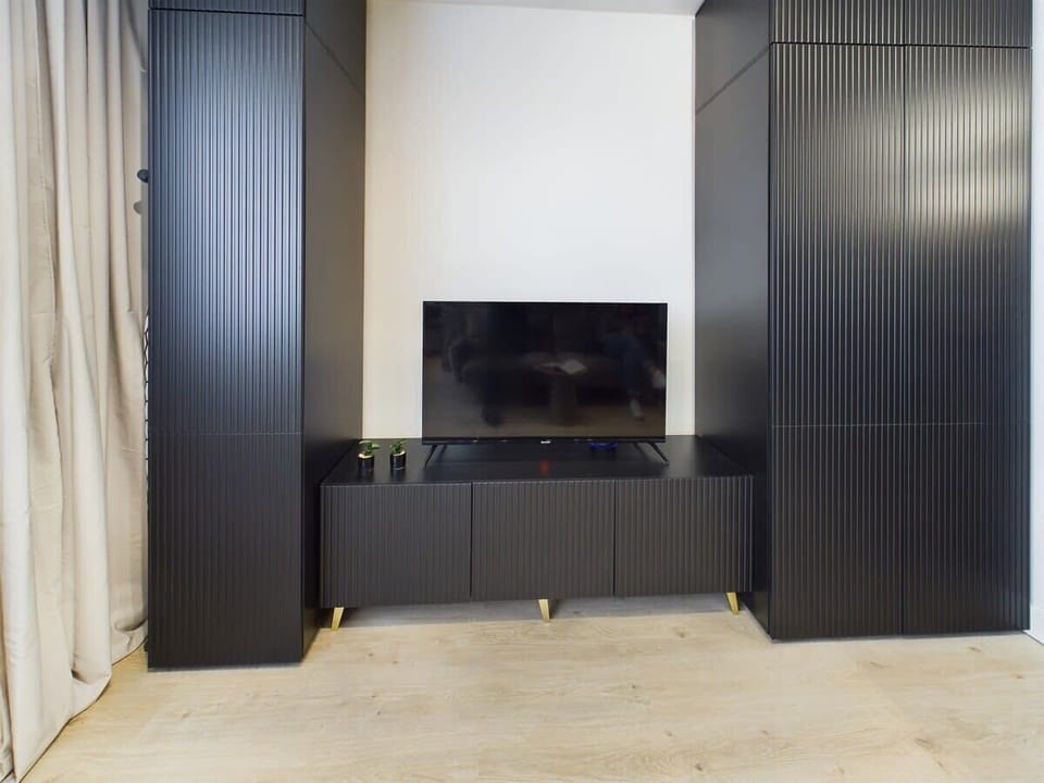 A dark cabinet with a television and a plant on top. The room is compact and modern.