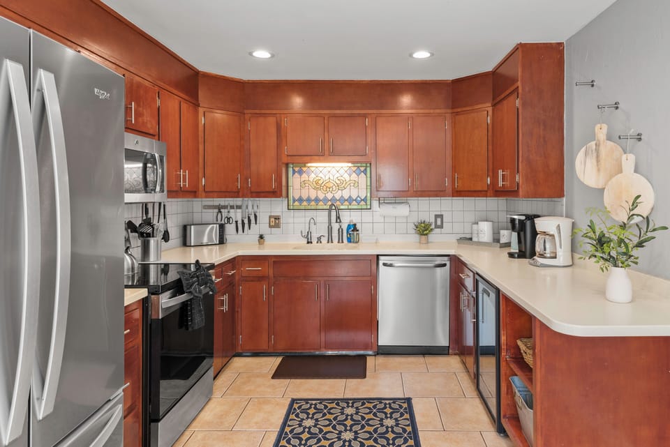 This kitchen is stylish and functional, with plenty of counter space for meal prep.