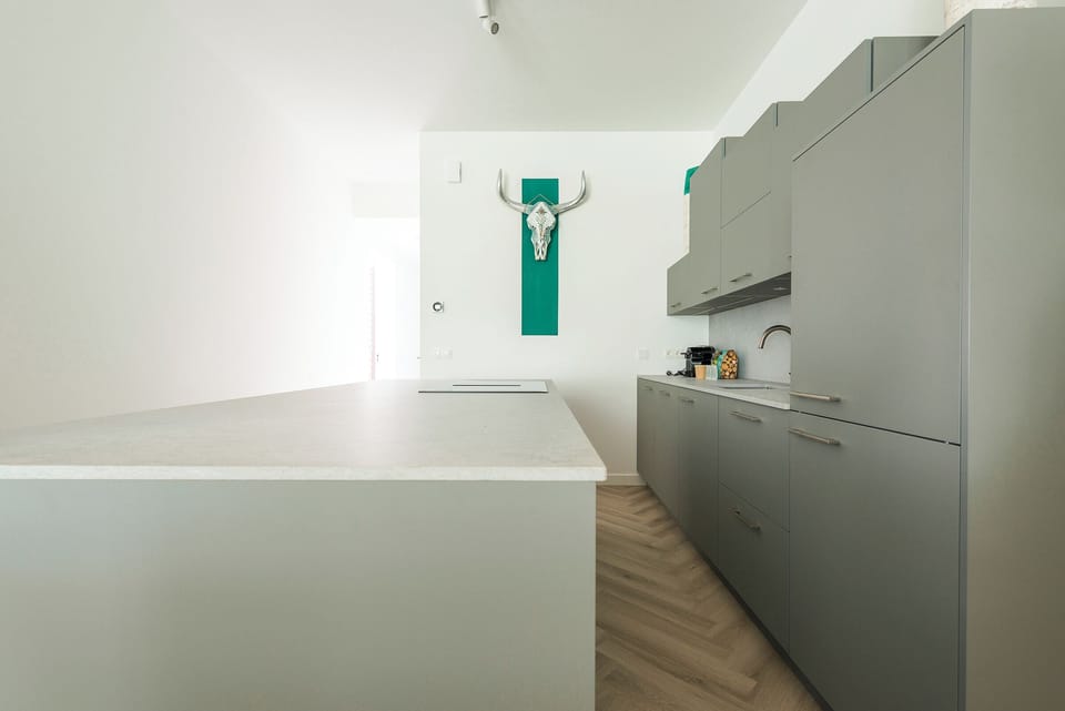 Sleek kitchen with grey cabinetry, integrated appliances, and minimalist decor, complemented by bright lighting and a clean design.