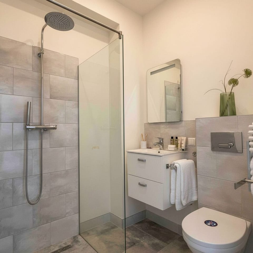 Modern private bathroom with walk-in shower, sink, and toilet – clean and stylish.