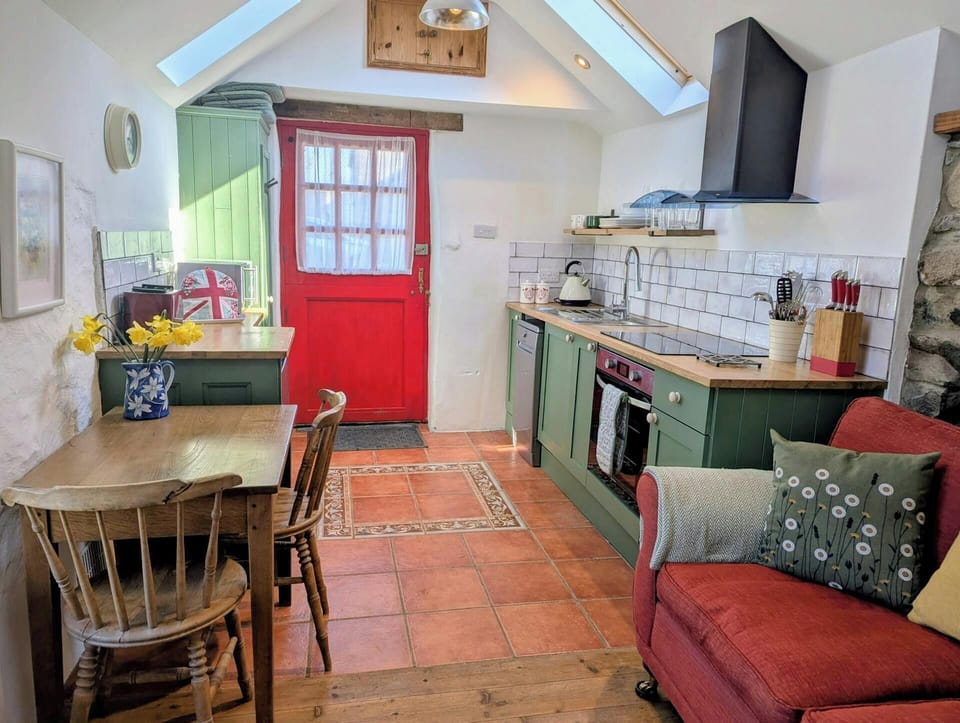 Open-plan kitchen with green cupboards, red door, dining table and red sofa