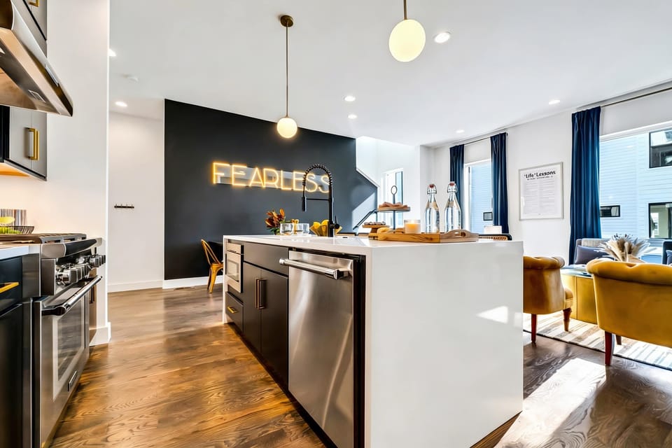 Step into style and comfort in this chic Nashville vacation home! With a modern kitchen perfect for group gatherings and the bold statement FEARLESS, your getaway starts here. Experience the best of Music City with Misfit Homes. Book now!