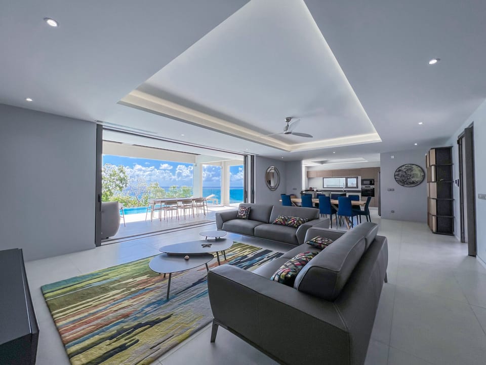 Large indoor living room open to the terrace and kitchen