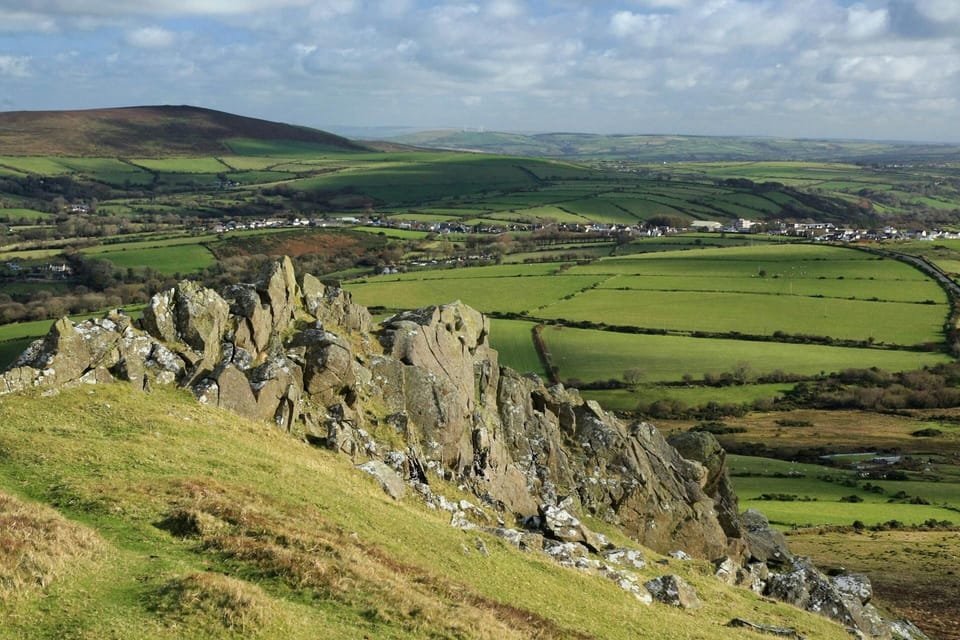 Rocky outcrop on the Preseli Hills with views across countryside