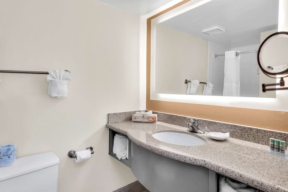 Refresh easily with bright vanity lighting and plush towels.
