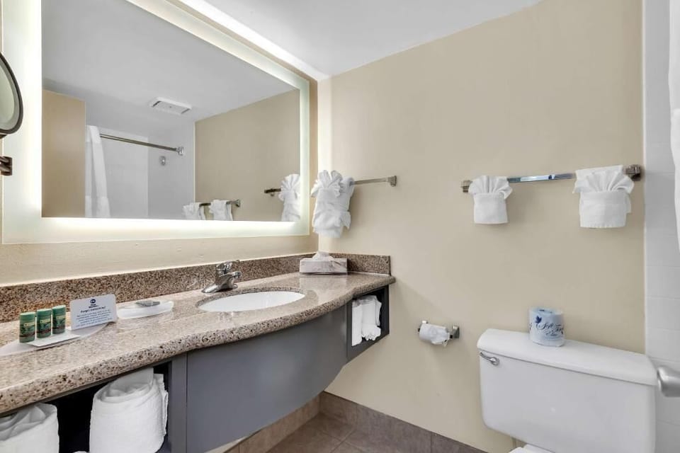 Start your day with a roomy counter and fresh towels.