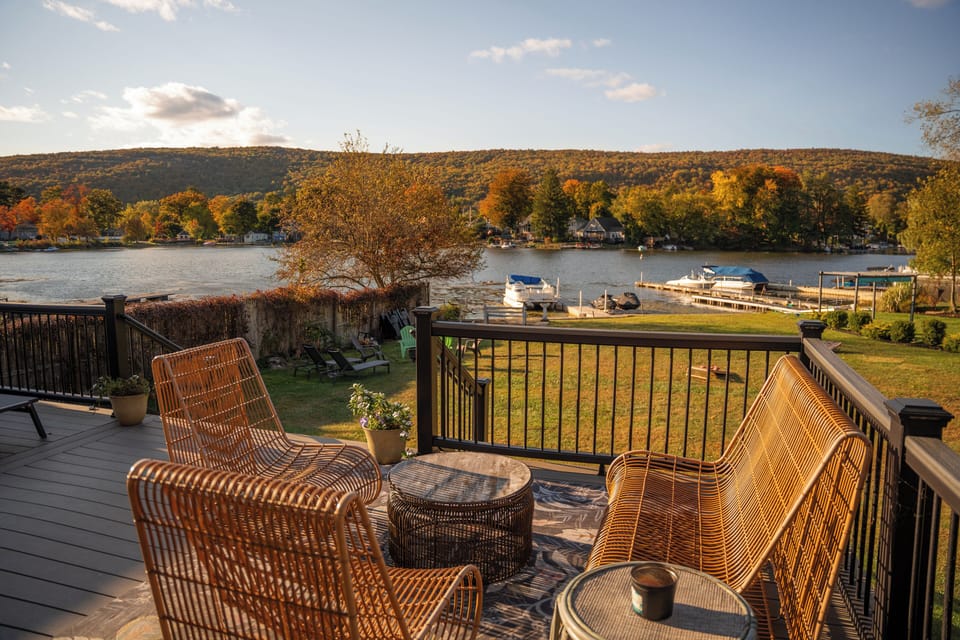 Back deck overlooks backyard and Greenwood Lake