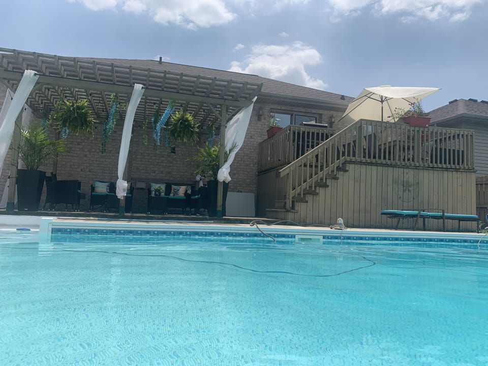 Upper deck off of kitchen sliding door
Heated pool opened April 8/24