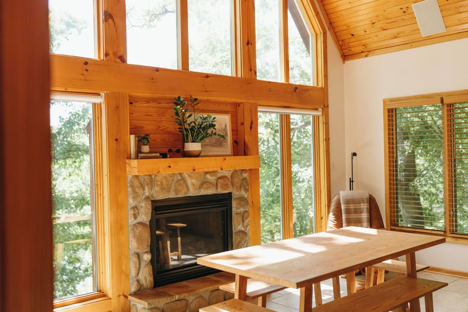 Hand-made dining table with seating for eight.
