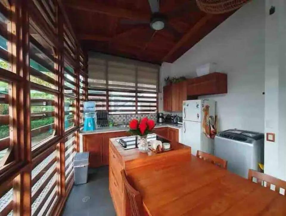 Includes a microwave, toaster oven, blender, coffee maker, and washer/dryer.