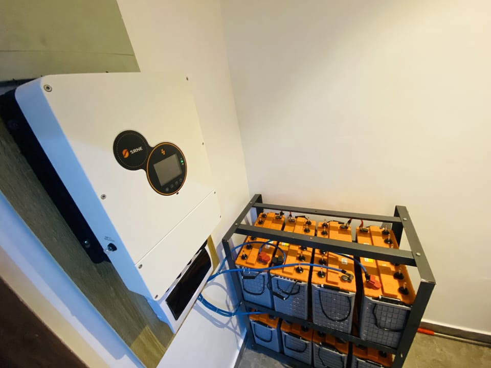Inverter + Solar panels (on roof) to provide 24/7 electricity