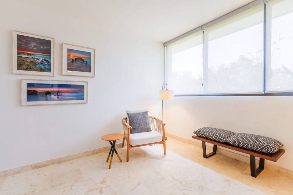A sun-drenched sitting area during the day