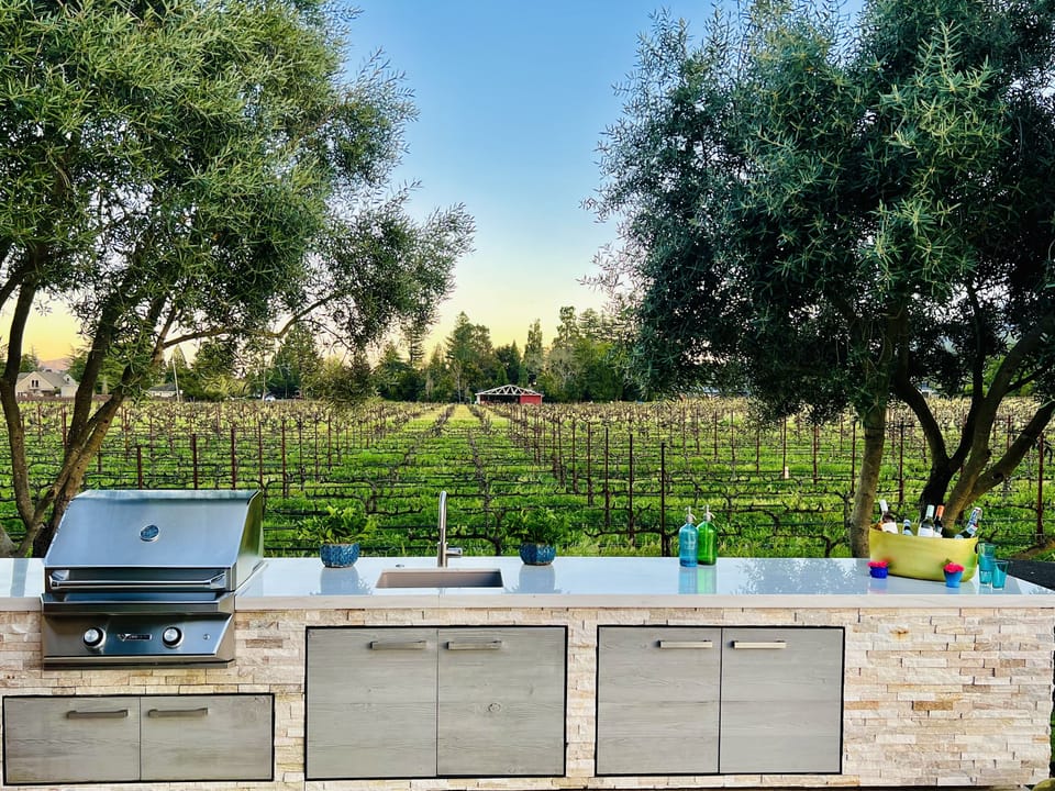 Outdoor kitchen and BBQ, sink and views of Vineyard