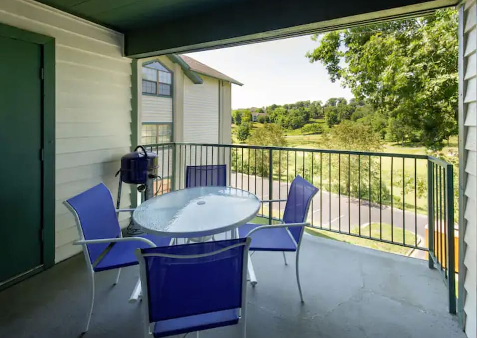 Outdoor patio with golf course views