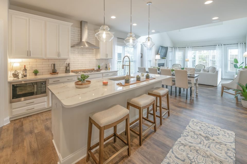 Open living floor plan with counter seating.