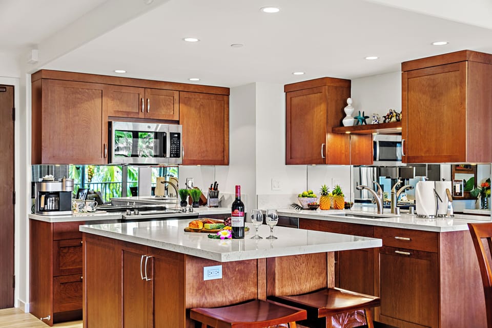 Everything you need, right at your fingertips. A fully equipped kitchen stocked with all the essentials. Perfect for cooking your favorite meals in paradise.