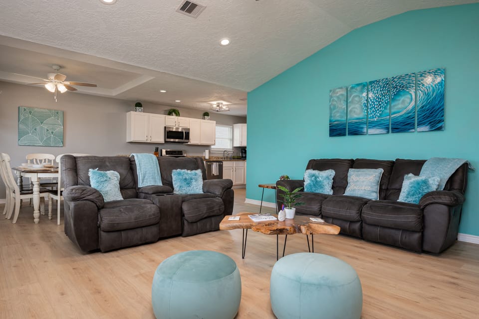 Open floor plan where the living room flows into dining area and kitchen