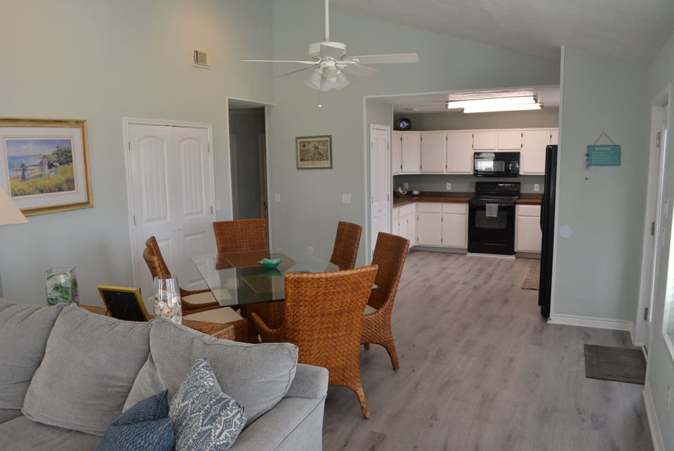 Open living, kitchen and dining