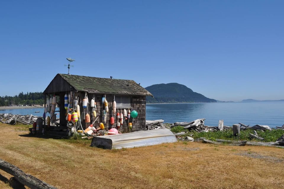 Fisherman's cabin with view of Lummi Mountain from Legoe Bay Road