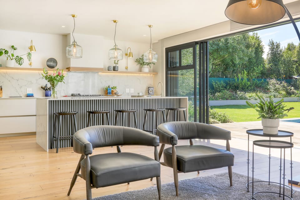 View from the lounge onto the kitchen and garden.