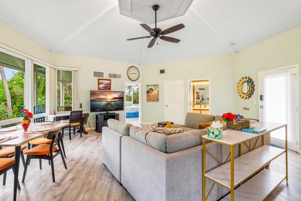 Cozy seating and smart TV with cable — perfect for movie nights or relaxing after a day of exploring.