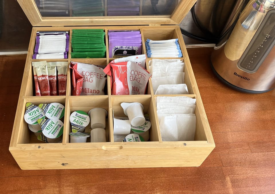 A complementary selection of teas and coffees.
