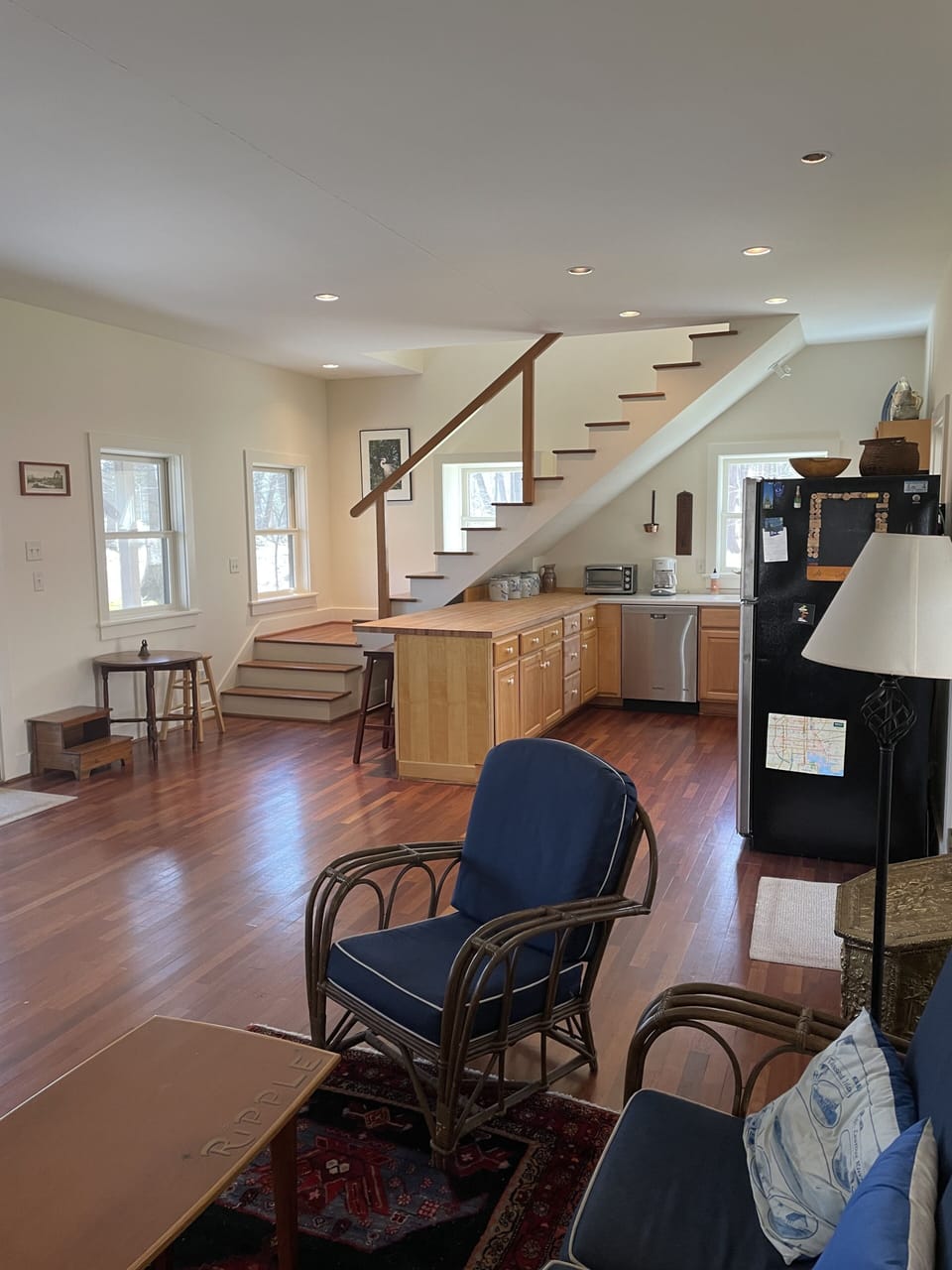 Sitting area, kitchen and stairs