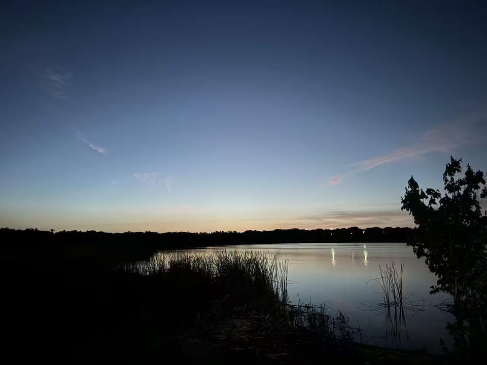 Lakeside yard with dock, trees, and patio—great for fishing or relaxing.