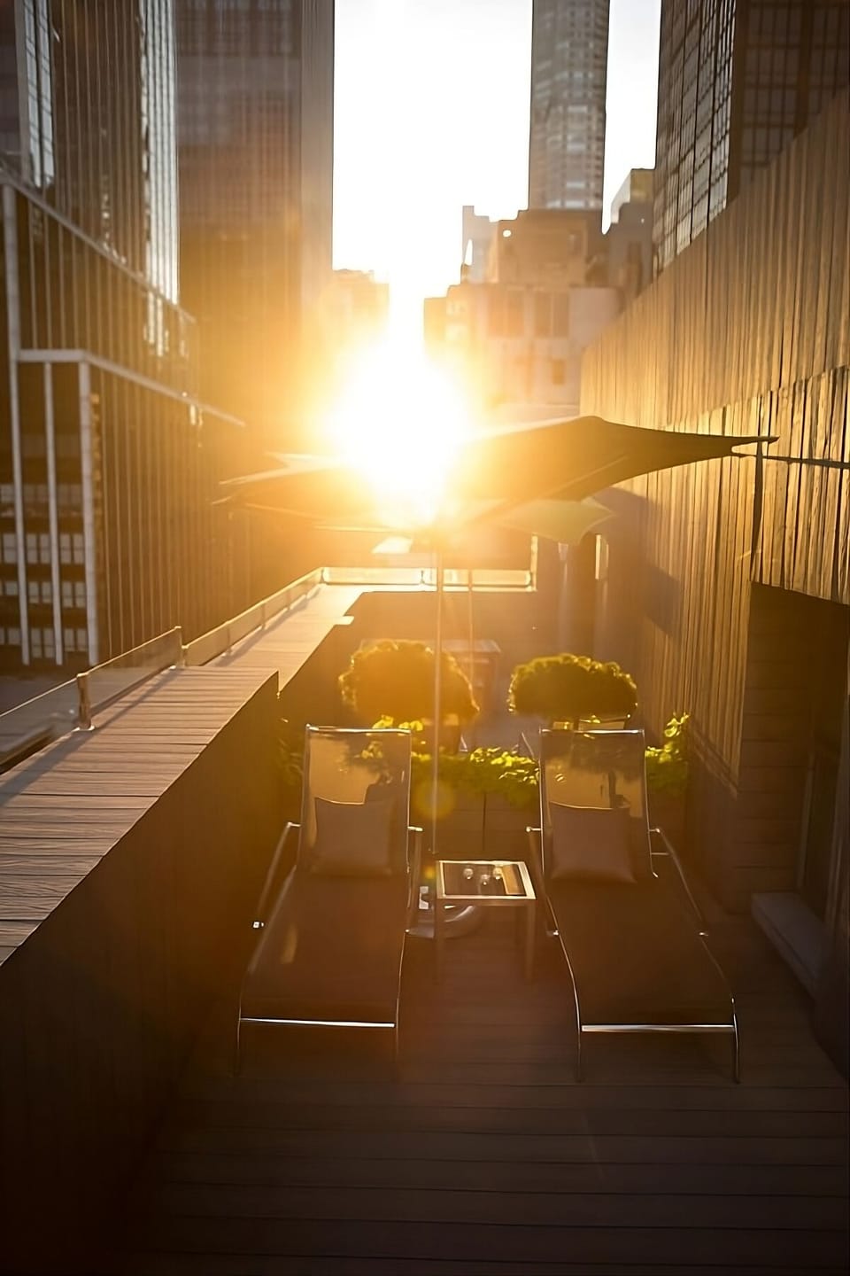 Unwind at sunset on loungers above the city skyline.