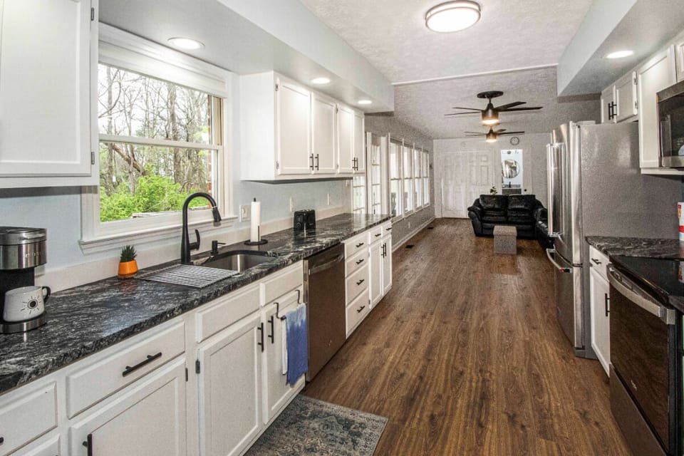 Lots of counterspace in kitchen for cooking with a small group.

