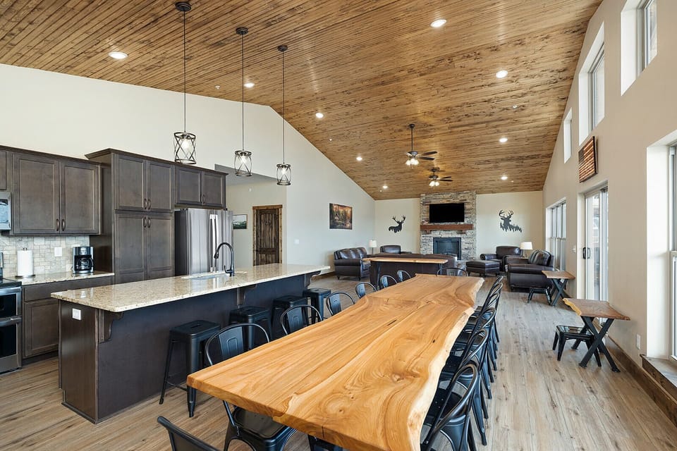 Handmande Live Edge Dining Table Seats 14 with stools to seat up to 24
