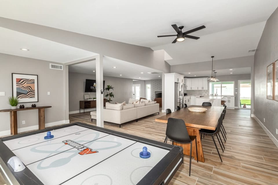 Air hockey table, board games and more.