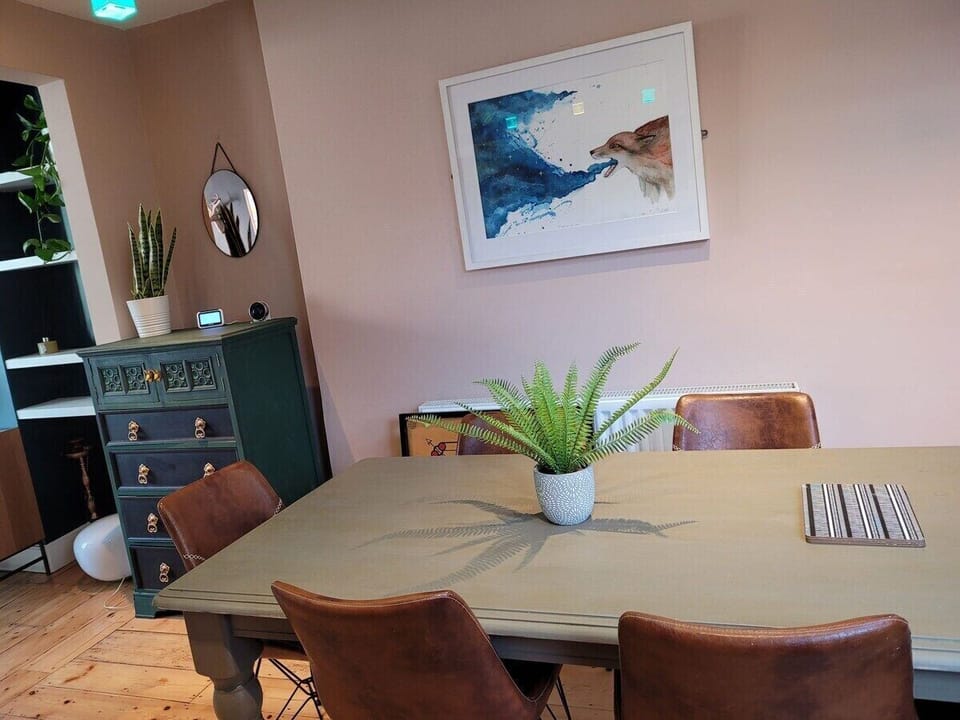 Dining table seats 6 comfortably.