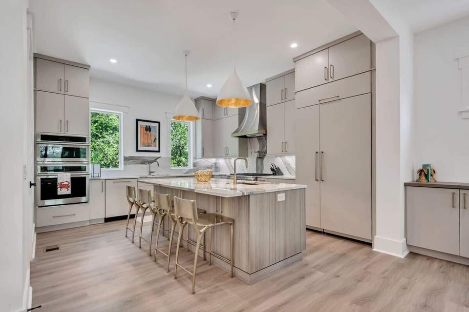 The sleek, spacious kitchen is fully equipped, making it perfect for preparing any vacation meals you desire.