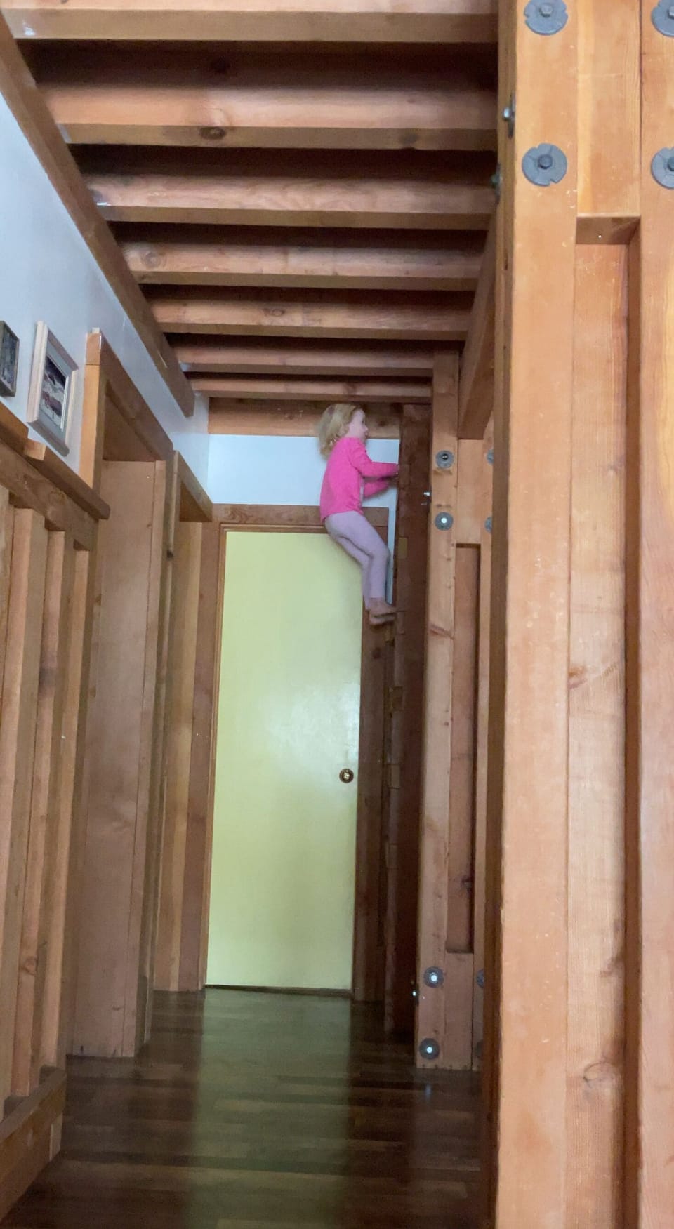 Loft access via dual ladders with safety hatches. 3-year old says "no sweat".