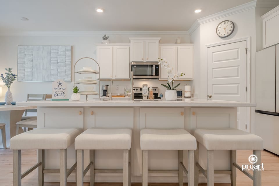 Bright, modern kitchen, stocked with everything you need for easy family meals.