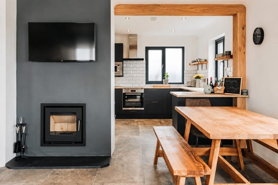 log burner open plan kitchen diner