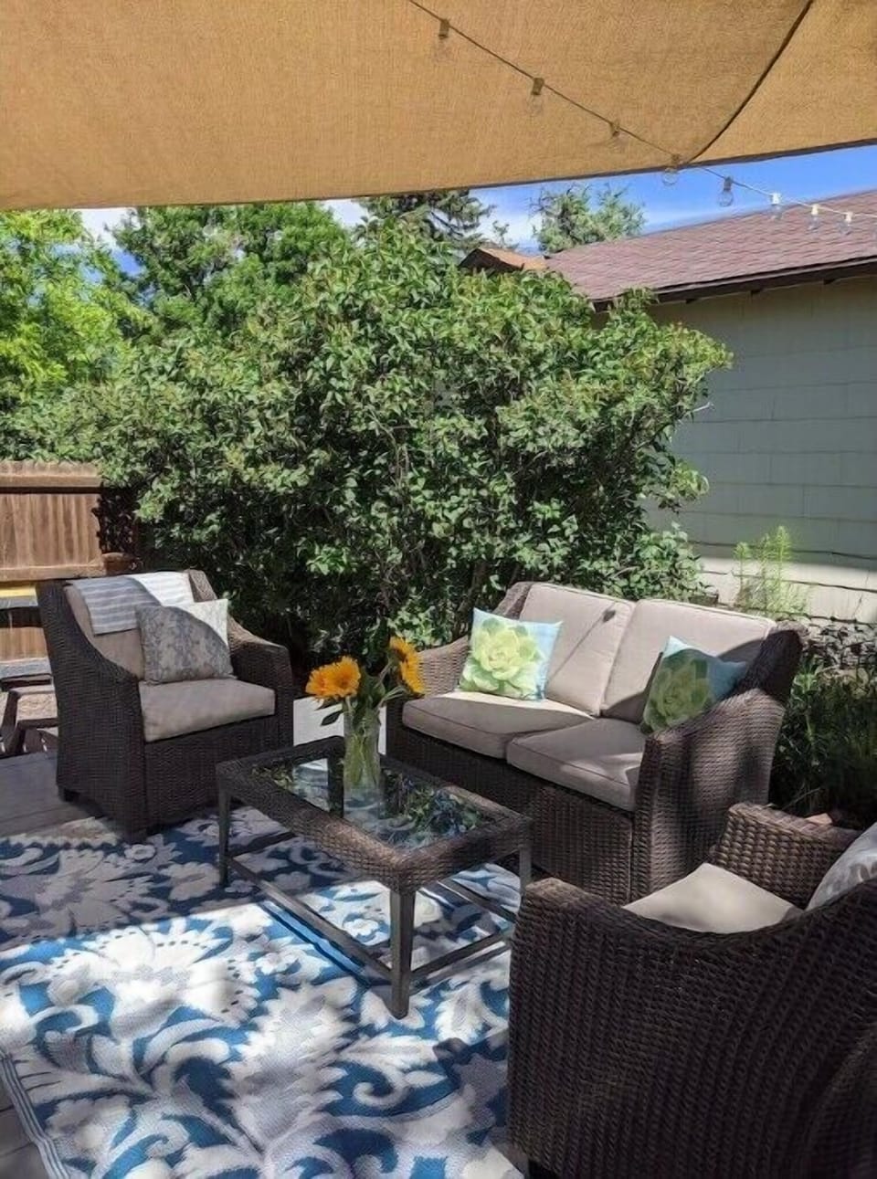 Back Deck/Outdoor seating area during Summer with sunshades