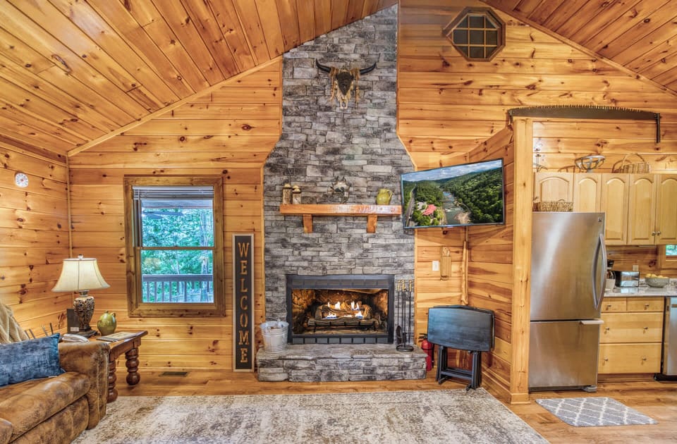 Stone wood burning fireplace