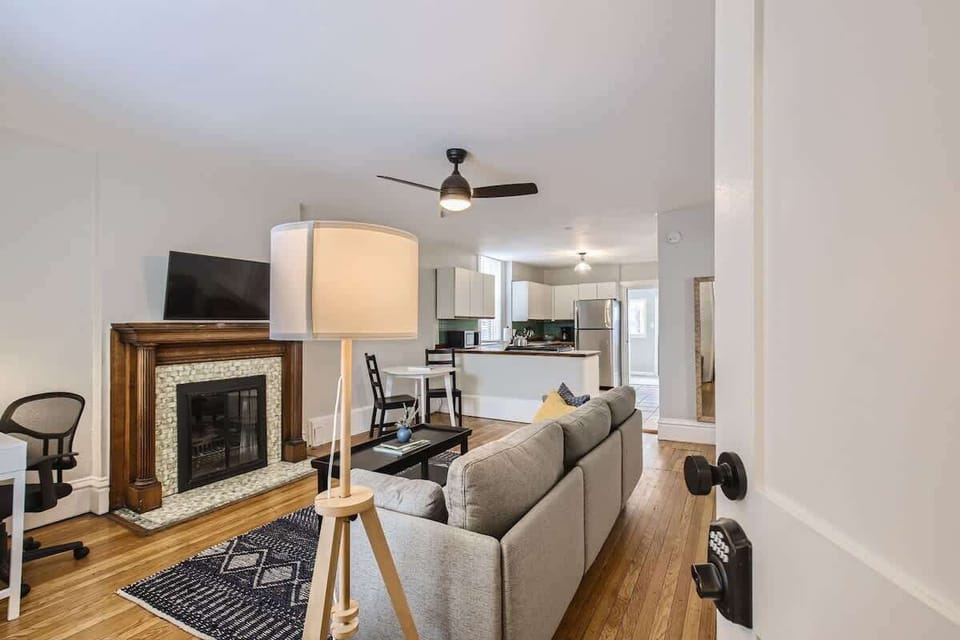 The fireplace from the old build has been preserved in appreciation of the historic charm