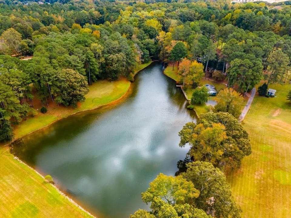 Aerial drone shot of the 2-acre lake