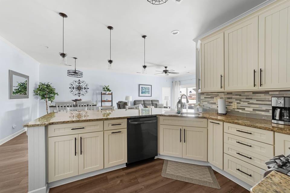 Kitchen is open to living and dining areas