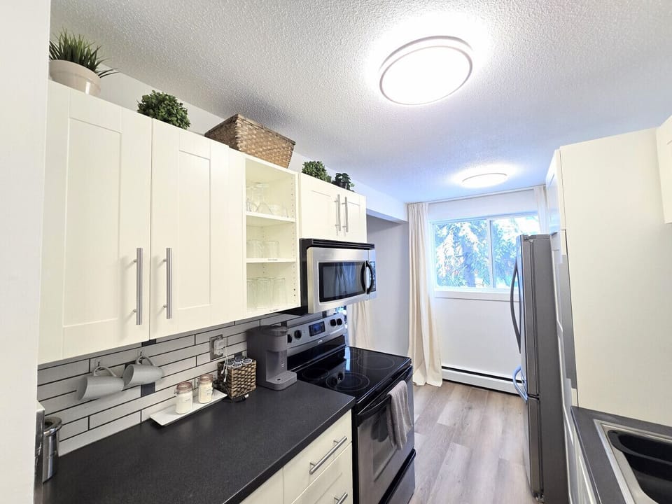 fully equipped kitchen w/ Stove, Microwave, Fridge, & Dishwasher!