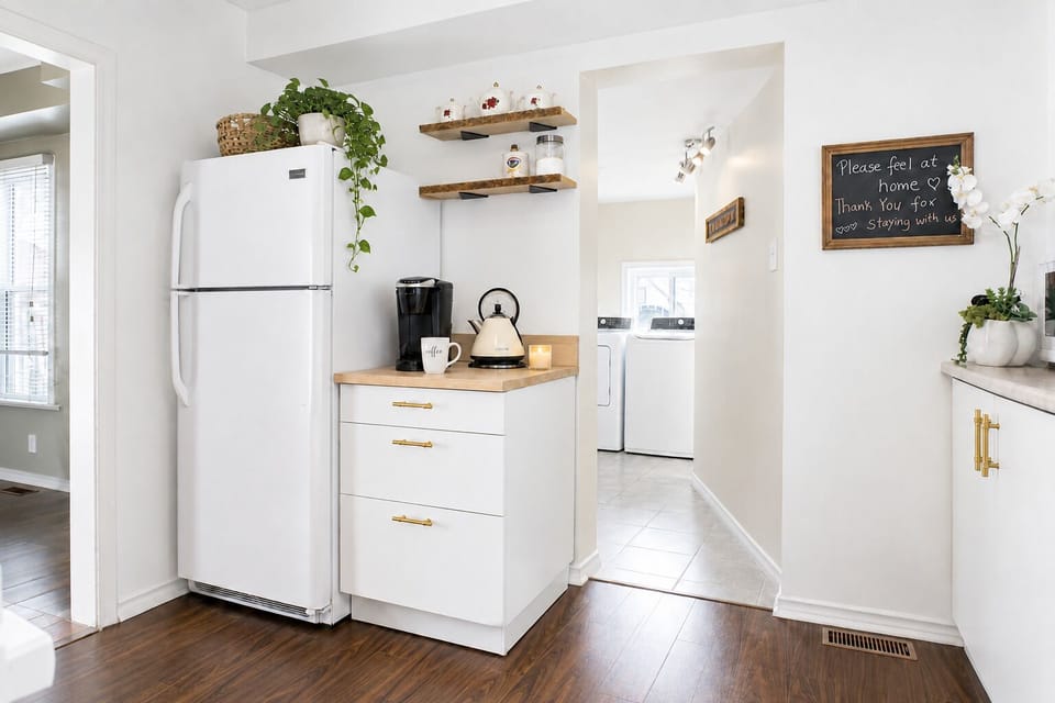 Keurig Coffee machine, Tea station and Kettle in the Kitchen