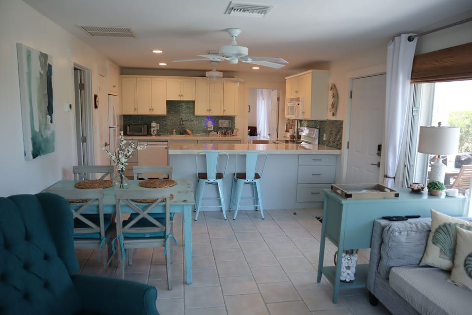 View of the spacious kitchen from the living area.