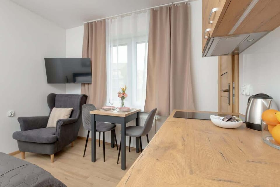 Dining area with table and chairs.